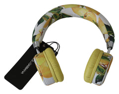 Dolce & Gabbana Chic White Leather Headphones with Yellow Print - Retail Flare