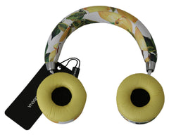 Dolce & Gabbana Chic White Leather Headphones with Yellow Print - Retail Flare