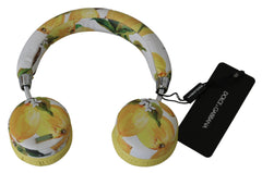 Dolce & Gabbana Chic White Leather Headphones with Yellow Print - Retail Flare