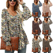 Long Puff Sleeve Tops Women Flowers Print Casual V - Neck Blouse T-Shirts Babydoll Tops