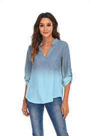 Print Gradient Blouses Women V - Neck Pockets Loose Shirts