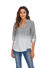 Print Gradient Blouses Women V - Neck Pockets Loose Shirts