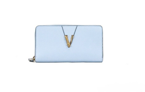 Versace Large Cornflower Grainy Leather Gold Monogram Zip Around Clutch Wallet - Retail Flare