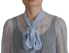 Dolce & Gabbana Elegant Silk Ascot Collar Blouse in Light Blue - Retail Flare