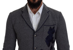 Dolce & Gabbana Elegant Gray Wool Blazer with Blue Rose Embroidery - Retail Flare