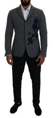 Dolce & Gabbana Elegant Gray Wool Blazer with Blue Rose Embroidery - Retail Flare