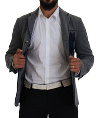 Dolce & Gabbana Elegant Gray Wool Blazer with Blue Rose Embroidery - Retail Flare