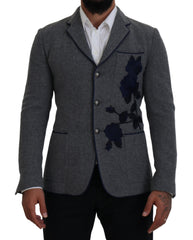 Dolce & Gabbana Elegant Gray Wool Blazer with Blue Rose Embroidery - Retail Flare
