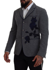 Dolce & Gabbana Elegant Gray Wool Blazer with Blue Rose Embroidery - Retail Flare