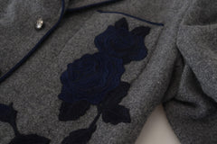 Dolce & Gabbana Elegant Gray Wool Blazer with Blue Rose Embroidery - Retail Flare