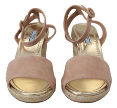 Prada Elegant Suede Ankle Strap Wedge Sandals - Retail Flare