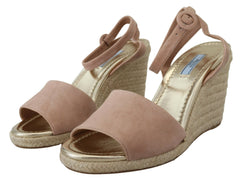 Prada Elegant Suede Ankle Strap Wedge Sandals - Retail Flare