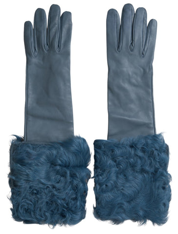 Dolce & Gabbana Elegant Blue Leather Gloves with Fur Trim - Retail Flare