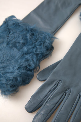 Dolce & Gabbana Elegant Blue Leather Gloves with Fur Trim - Retail Flare