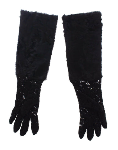 Dolce & Gabbana Black Wool Lace & Lamb Fur Elbow Gloves - Retail Flare