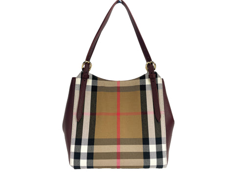 Burberry Small Canterby Mahogany Leather Check Canvas Tote Bag Purse - Retail Flare