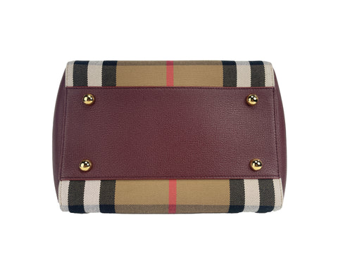 Burberry Small Canterby Mahogany Leather Check Canvas Tote Bag Purse - Retail Flare
