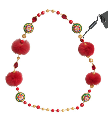 Dolce & Gabbana Gold Brass Red Fur Crystal Carretto Chain Necklace - Retail Flare