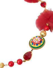Dolce & Gabbana Gold Brass Red Fur Crystal Carretto Chain Necklace - Retail Flare