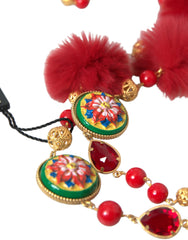 Dolce & Gabbana Gold Brass Red Fur Crystal Carretto Chain Necklace - Retail Flare