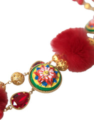 Dolce & Gabbana Gold Brass Red Fur Crystal Carretto Chain Necklace - Retail Flare