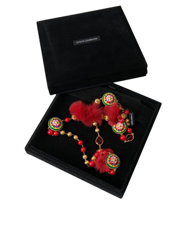 Dolce & Gabbana Gold Brass Red Fur Crystal Carretto Chain Necklace - Retail Flare