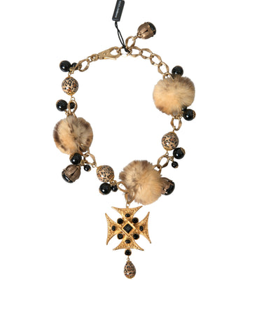 Dolce & Gabbana Gold Black Crystals Lapin Fur Filigree Chocker Necklace - Retail Flare