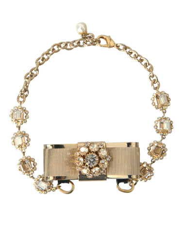 Dolce & Gabbana Gold Brass Clear Crystal Bow Chain Choker Necklace - Retail Flare