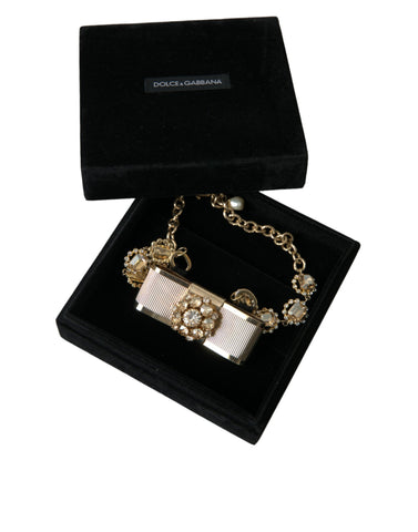 Dolce & Gabbana Gold Brass Clear Crystal Bow Chain Choker Necklace - Retail Flare