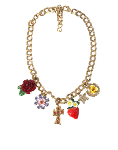 Dolce & Gabbana Gold Chain Rose Cross Strawberry Star Pendant Necklace - Retail Flare