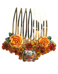 Dolce & Gabbana Gold Brass Crystal Leopard Floral Hair Comb - Retail Flare