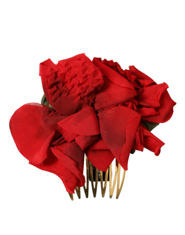 Dolce & Gabbana Red Silk Floral Gold Brass Women Hair Comb - Retail Flare