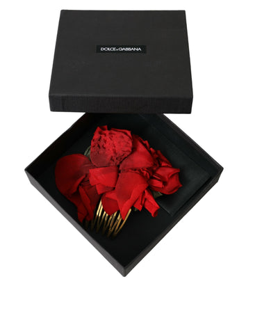 Dolce & Gabbana Red Silk Floral Gold Brass Women Hair Comb - Retail Flare