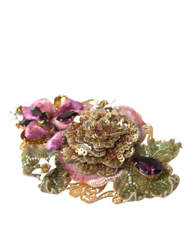 Dolce & Gabbana Gold Brass Floral Crystal Sequined Hair Clip - Retail Flare