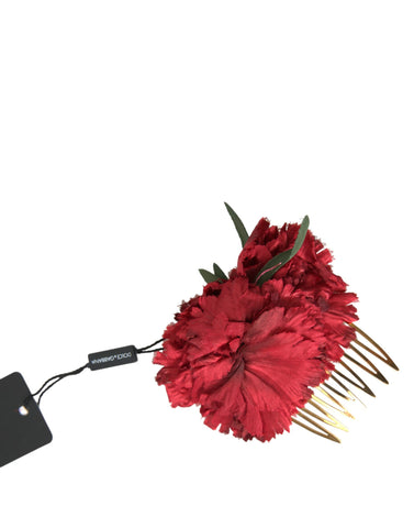 Dolce & Gabbana Red Silk Floral Gold Brass Women Hair Comb - Retail Flare