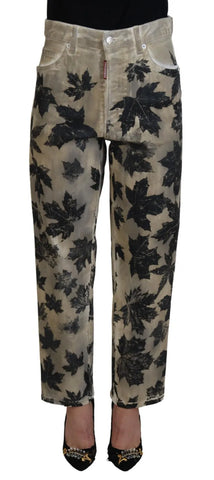 Dsquared² Beige Leaves Cotton High Waist Denim Jeans Boston - Retail Flare