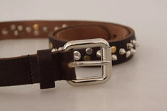 Dolce & Gabbana Brown Leather Studded Silver Metal Buckle Belt - Retail Flare
