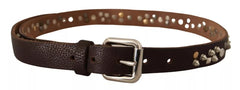 Dolce & Gabbana Brown Leather Studded Silver Metal Buckle Belt - Retail Flare