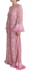 Dolce & Gabbana Shift Lilac Lace Feathers Long Sleeves Dress Dolce & Gabbana Retail Flare