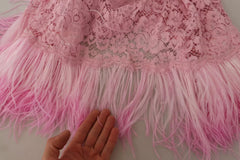 Dolce & Gabbana Shift Lilac Lace Feathers Long Sleeves Dress Dolce & Gabbana Retail Flare