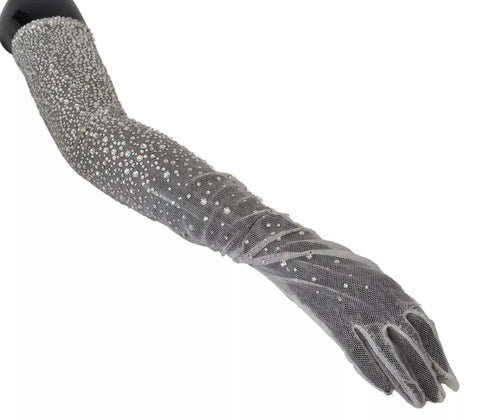 Dolce & Gabbana White Crystal Elbow Length Cotton Tulle Gloves - Retail Flare