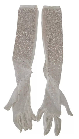 Dolce & Gabbana White Crystal Elbow Length Cotton Tulle Gloves - Retail Flare