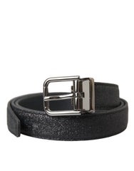 Dolce & Gabbana Black Glittered Leather Silver Buckle Belt - Retail Flare
