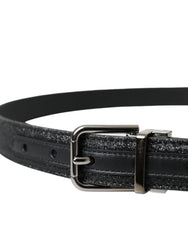 Dolce & Gabbana Black Glittered Leather Silver Buckle Belt - Retail Flare