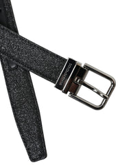 Dolce & Gabbana Black Glittered Leather Silver Buckle Belt - Retail Flare