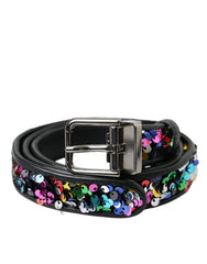 Dolce & Gabbana Black Sequined Silver Metal Buckle Women Belt - Retail Flare