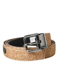 Dolce & Gabbana Gold Glitter Leather Silver Metal Buckle Belt - Retail Flare