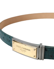 Dolce & Gabbana Green Leather Gold Logo Engraved Buckle Belt - Retail Flare