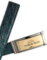 Dolce & Gabbana Green Leather Gold Logo Engraved Buckle Belt - Retail Flare