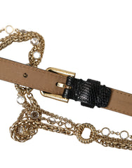 Dolce & Gabbana Black Leather Gold Chain Crystal Waist Women Belt - Retail Flare